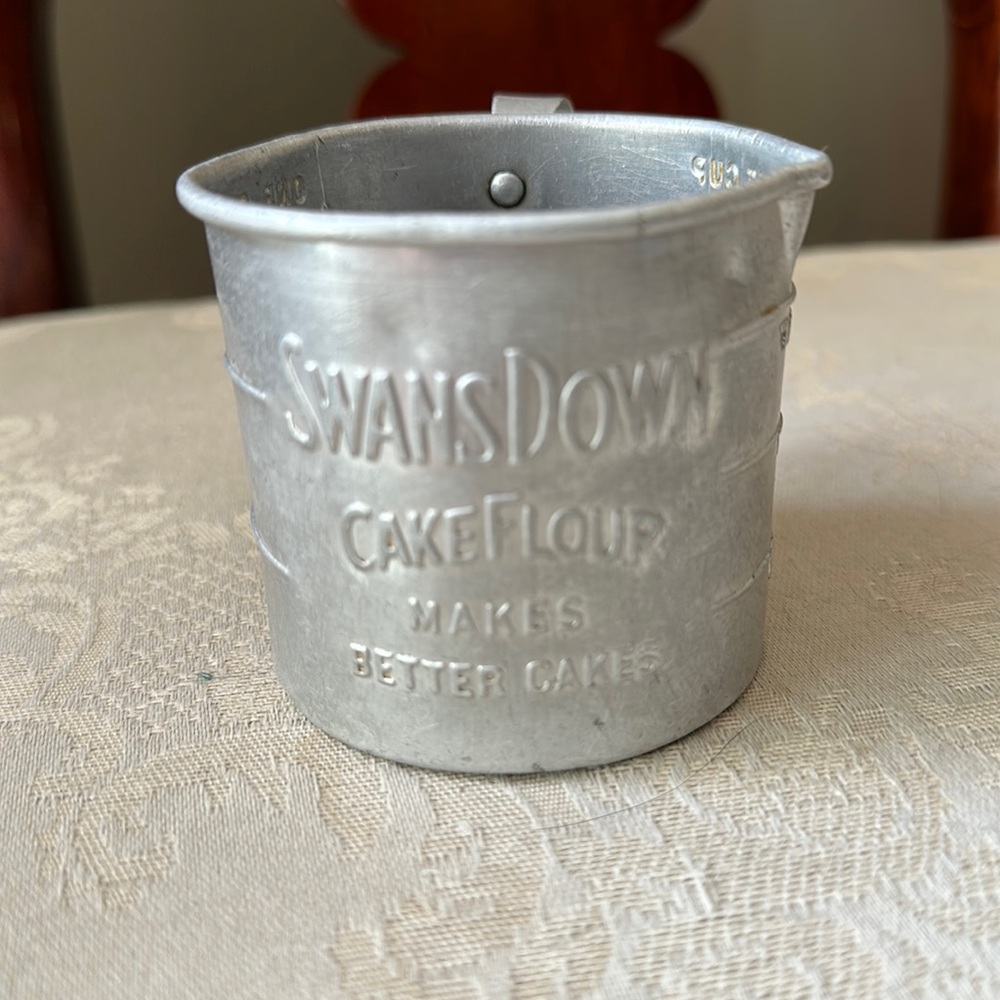SwansDown Cake Flour vintage aluminum measuring tin, circa 1930s